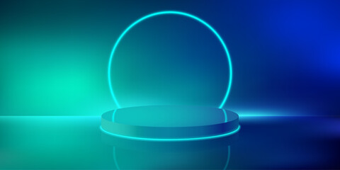 Glossy podium in studio with abstract blue-green gradient background, highlighted by neon lines in the dark tone atmosphere. Futuristic technology style exhibition hall.