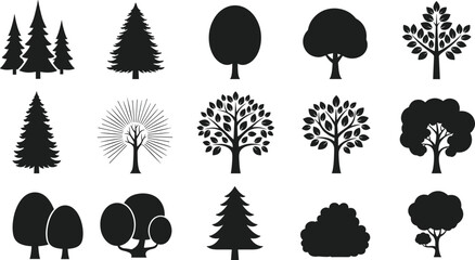 Collection of Various Tree Silhouettes, Perfect for Nature Illustrations, Graphic Design, Environmental Projects, Botanical Icons, Minimal Shapes, Adobe Stock Asset