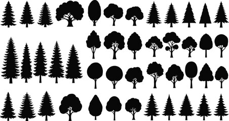 Collection of Various Tree Silhouettes, Pine, Oak, and More, Perfect for Nature and Forest Themed Designs, Adobe Stock, Vector Illustration
