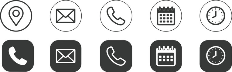 communication icon set, location email phone calendar clock, round square format, black vector graphic, business contact symbols, UI design elements