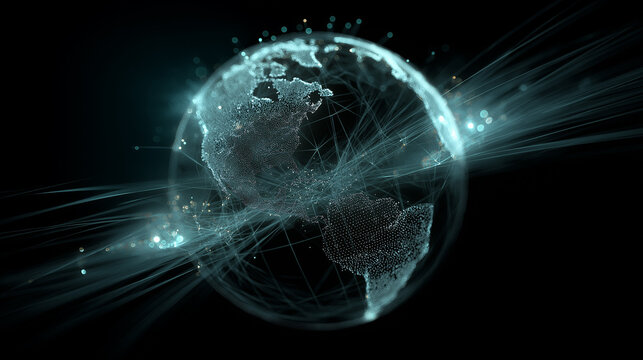 Futuristic hologram globe with data connections, dark background.