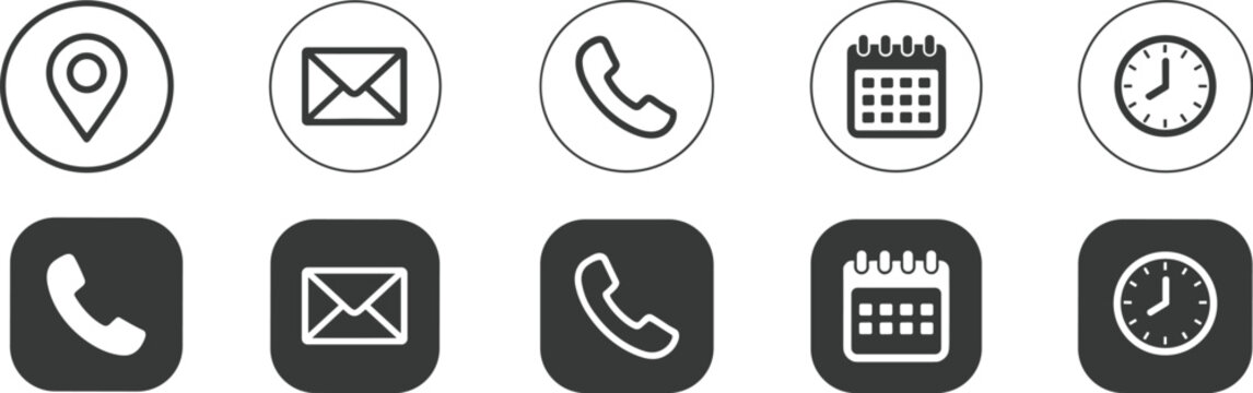 communication icon set, location email phone calendar clock, round square format, black vector graphic, business contact symbols, UI design elements