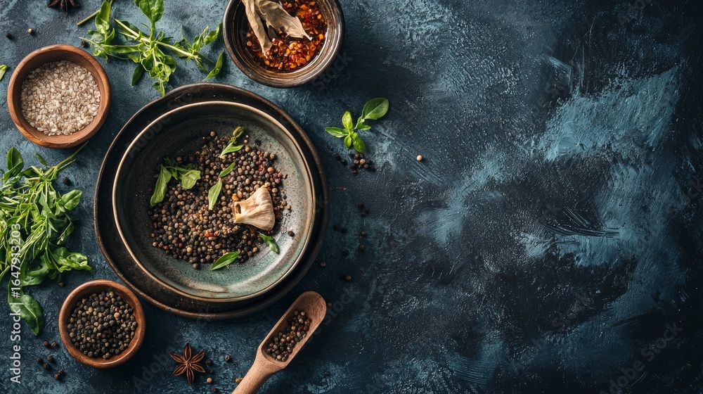 Poster flat lay of herbal soup and spices arranged with herbs on rustic textured background