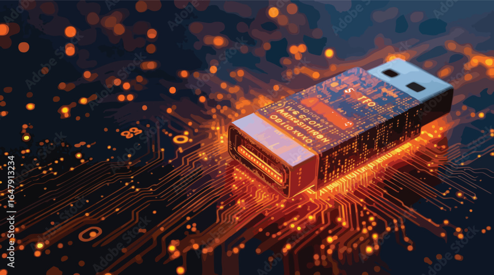 Poster glowing usb drive on circuit board with digital data streams usb drive flash drive.