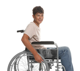 Happy teenage boy in modern wheelchair on white background