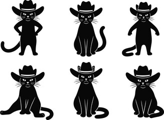 cowboy cat silhouette, black feline graphic, sitting standing pose, western hat character, cute pet illustration, tail curl vector clipart