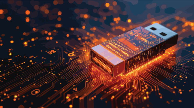 Glowing USB Drive on Circuit Board with Digital Data Streams USB drive flash drive.