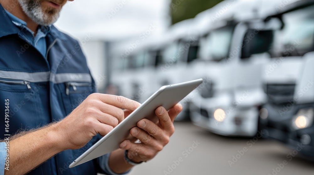 Poster logistics professional interacts with tablet while overseeing multiple trucks lined up during a busy