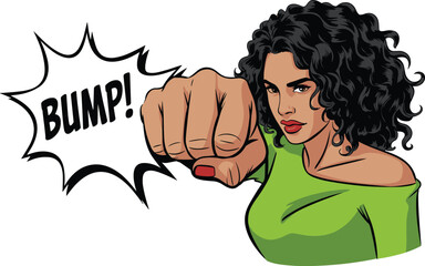 Cartoon vector illustration of a curly‑haired person in a green top, fist bump gesture with “BUMP!” text, perfect for friendship, greeting, and comic‑style projects