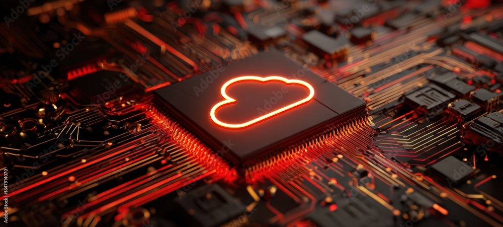 Poster the glowing cloud chip on a futuristic circuit board representing digital data processing