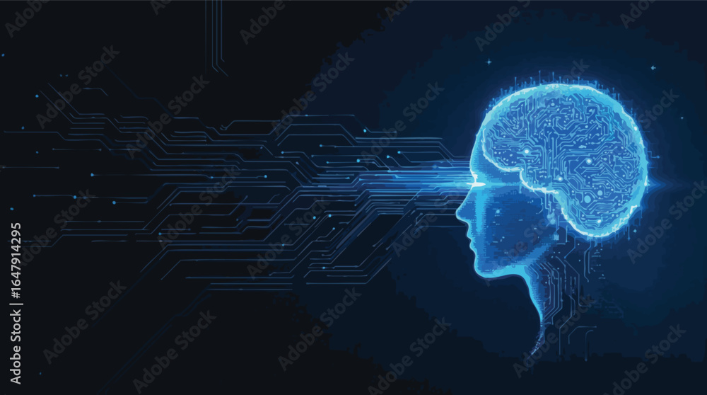 Poster profile of human head with glowing blue digital brain and data streams artificial intelligence.
