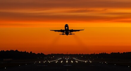 Airplane taking off into a vibrant sunset sky at the airport symbolizing travel and new beginnings