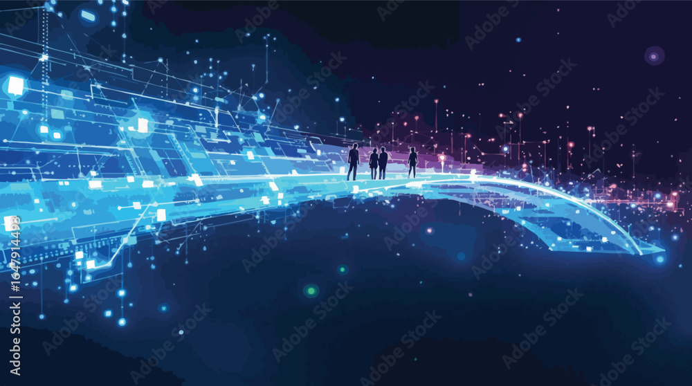 Aufkleber silhouettes of people standing on a glowing digital bridge with data streams technology network.