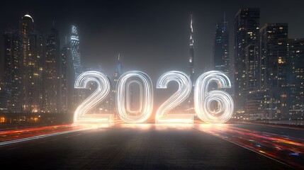 Year 2026 glows against Dubai cityscape. Represents future, vision. For web, marketing, design.