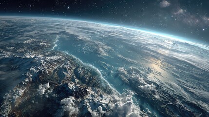 Fototapeta premium Stunning view of Earth from space with majestic mountains and oceans bathed in celestial light, perfect for travel and exploration themes
