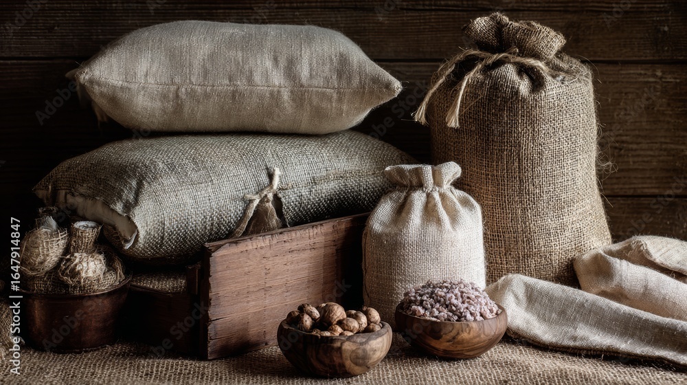 Poster assorted grains and mushrooms in burlap sacks styled on neutral soft background surface