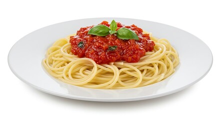 Delicious Spaghetti with Tomato Sauce and Basil Topping on White Plate Isolated