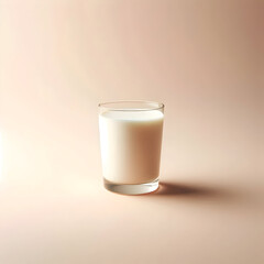Ultra realistic single glass of milk, placed at center on pale pastel beige background