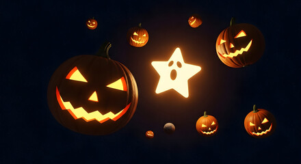 Halloween night scene with glowing pumpkins and a star on a dark background in a rendered image