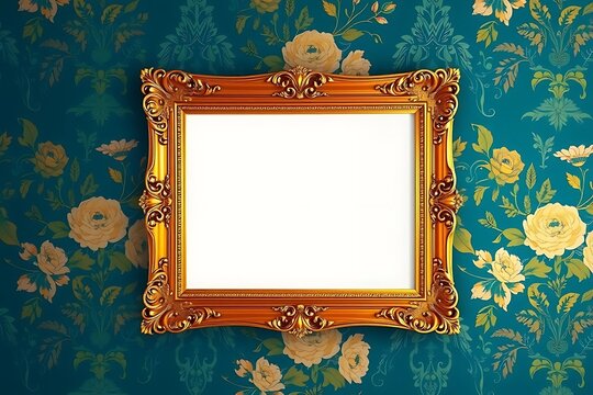 Fototapeta An ornate gold picture frame hangs on a turquoise floral wallpaper creating a vintage and elegant aesthetic with space for customization