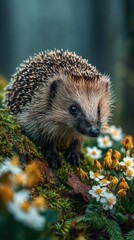 Fototapeta premium Hedgehog exploring a vibrant forest floor adorned with wildflowers during a sunny spring day