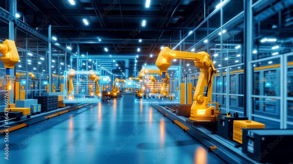 Poster industrial automation with yellow robotic arms on production line, blue-toned factory interior with 