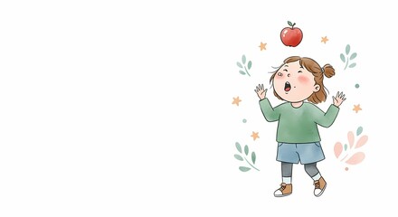 Young girl surprised while catching an apple in playful scene  