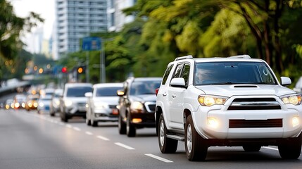 Numerous cars, including a prominent white SUV, are caught in heavy traffic on a bustling city street filled with greenery.