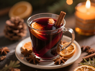 Holiday mulled wine in a clear mug with orange slices and cinnamon sticks, styled on white plate with festive elements like pinecones, dried oranges, and warm candlelight
