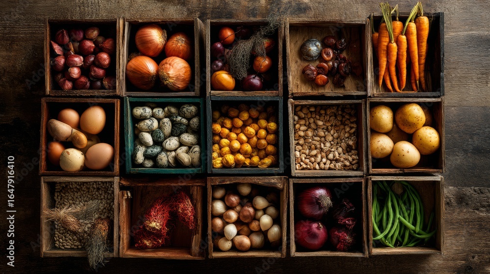 Poster rustic wooden crate with assorted vegetables and roots organized in square grid top view
