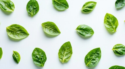 Obraz premium Fresh basil leaves arranged on white background (1)
