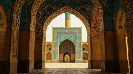 Islamic architecture, arched walkway,  brightly colored tilework