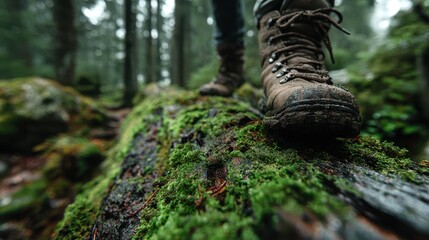 Hiker explores misty forest trail while stepping on moss-covered log in early morning light