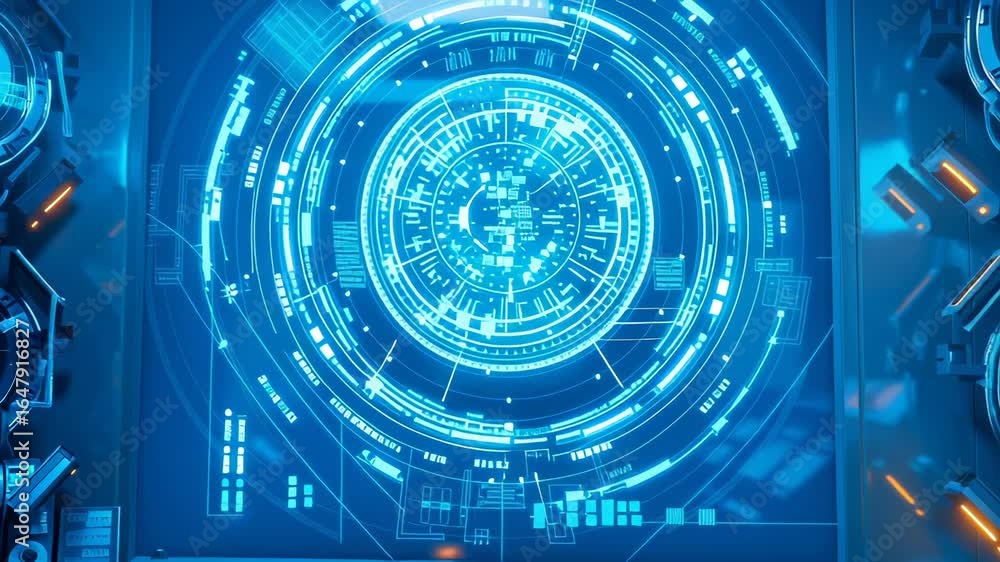 Poster high-tech control room with multiple digital displays showing world map, circular holographic interf
