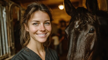 Smiling young woman poses with a horse in a stable during the afternoon