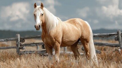 Beautiful palomino horse standing in a grassy field near a wooden fence under a cloudy sky