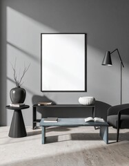 Vertical blank frame mockup. empty canvas poster size. Living room wall canvas mockups. Interior mock-up with home interior background. Modern minimal wall art design. 3D render	