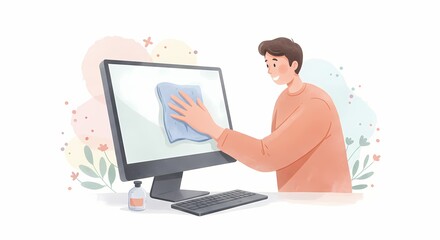 Young man cleaning computer monitor with cloth in modern workspace  