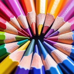 Naklejka premium A detailed macro shot of colorful pencils arranged in a circular pattern with their sharpened tips pointing inward. The pencils display a spectrum of colors from red to violet.