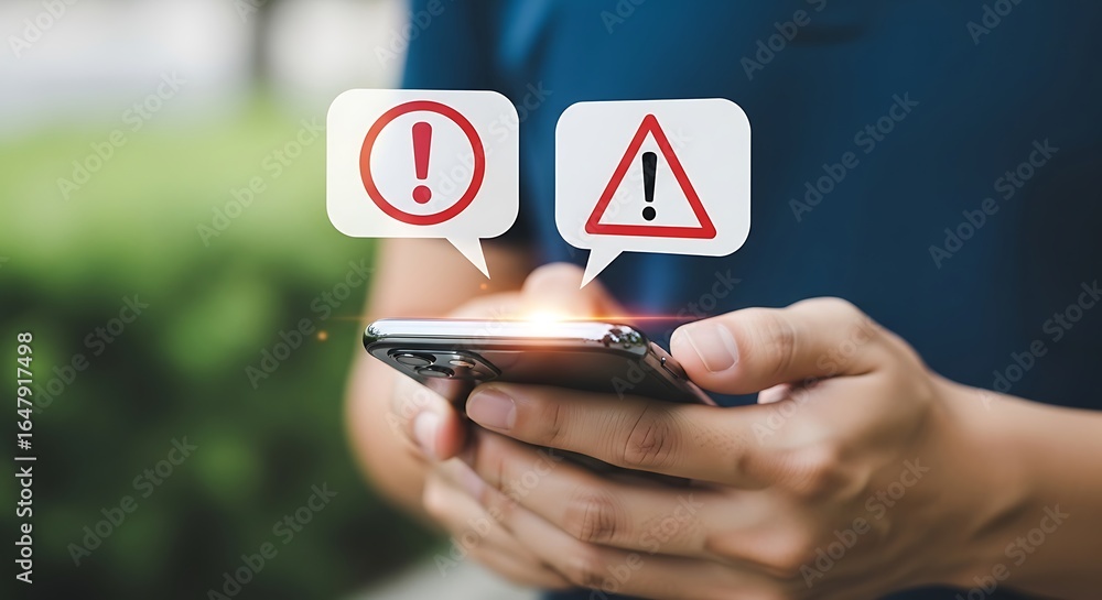 Poster closeup of a person holding a smartphone displaying warning and alert notifications, signifying urge