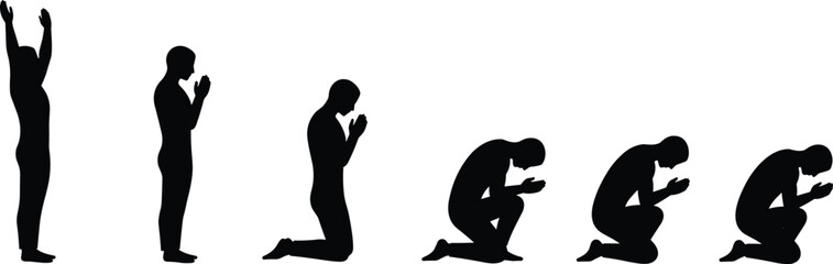 Cad drawing flat vector illustration, silhouette of man praying in different positions, Islamic prayer steps, black worship figure, religious pose set