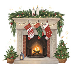 Cozy Christmas Fireplace isolated on transparent background