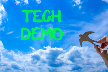 Tech demo symbol. Concept word Tech demo on beautiful blue sky. Businessman's hand with wooden...