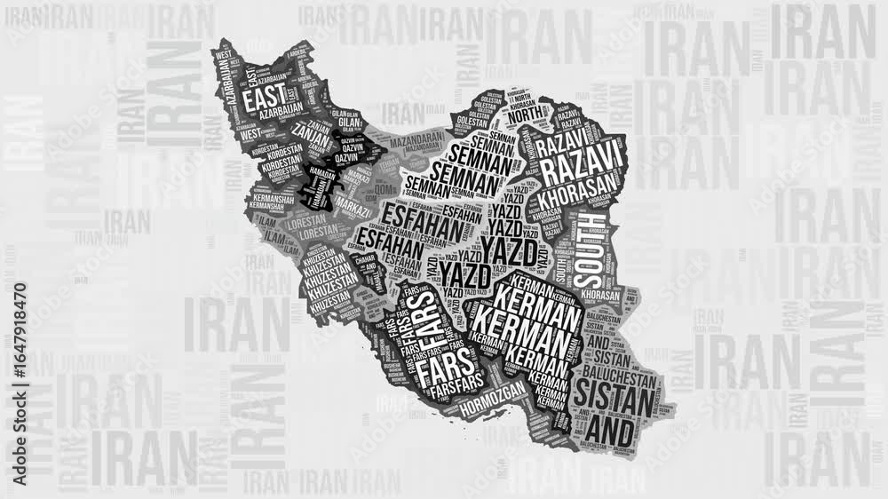 Poster iran animation. visual effect of iran regions appearing in black and white word clouds style. countr