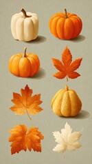 Beautiful assortment of pumpkins and autumn leaves arranged artistically on a soft background
