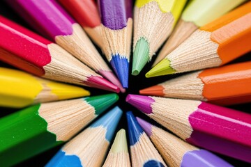 Fototapeta premium A detailed macro shot of colorful pencils arranged in a circular pattern with their sharpened tips pointing inward. The pencils display a spectrum of colors from red to violet.