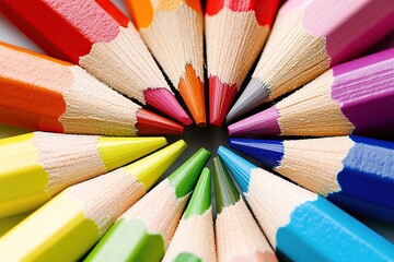 A detailed macro shot of colorful pencils arranged in a circular pattern with their sharpened tips pointing inward. The pencils display a spectrum of colors from red to violet.