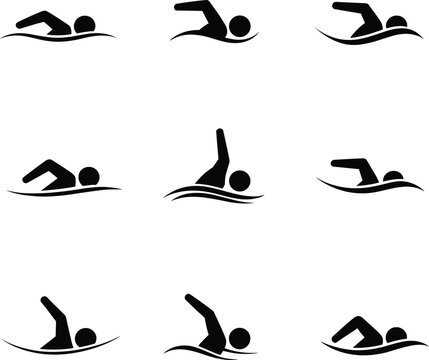 Swimming stroke icon set, aquatic sport silhouette, swimmer pose vector, fitness activity illustration, black and white, water movement design