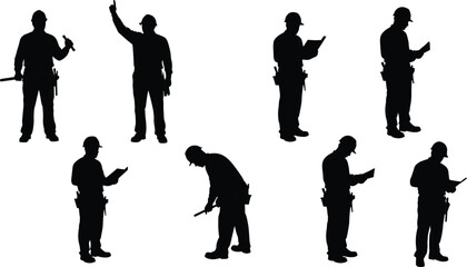 Construction worker silhouettes, male engineers with tools, hard hat safety gear, reading plans, building inspection poses, black vector illustration, industrial labor design