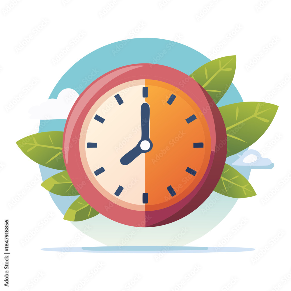 Poster circular clock with red border shows 8 oclock with green leaves and clouds in background